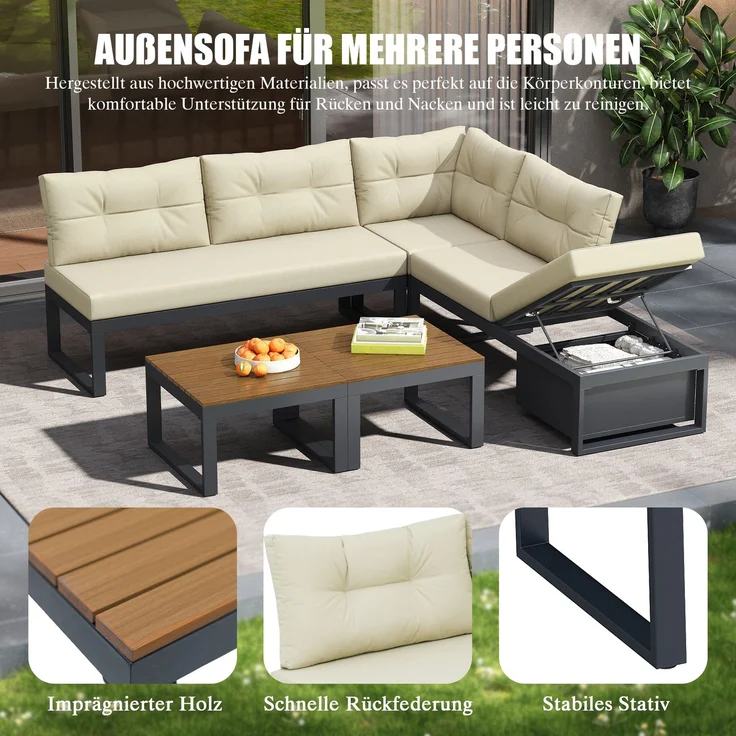 LVHOM Modulares 5-tlg. Gartenmöbel-Set, Gartensofa in L-Form mit verstellbarer Rückenlehne und Stauraum, Wetterfeste Sitzgruppe für Terrasse, Beige – Bild 5