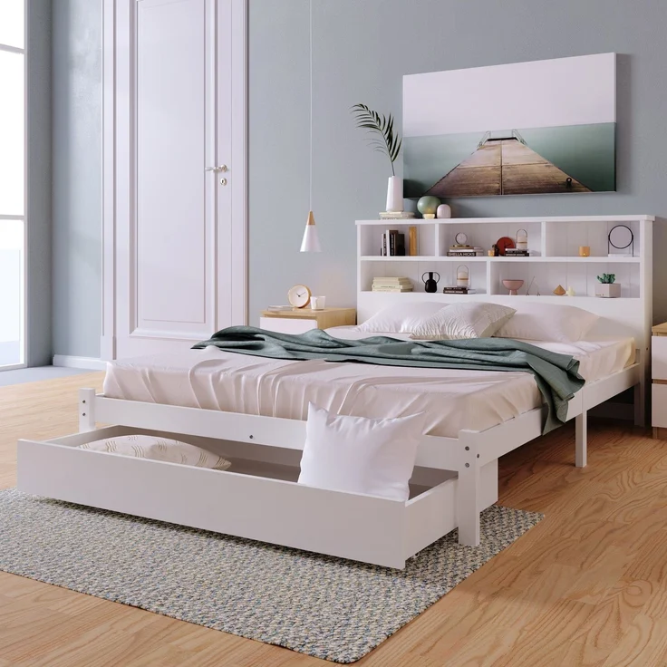 Holzbett, Doppelbett inkl. Schublade und Lattenrost, Kopfteil mit Regal, 140x200 cm, Holzbett aus Kiefer – Bild 4