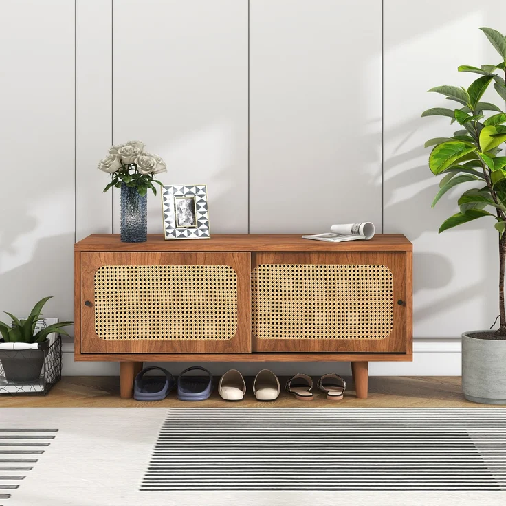 Merax Rattan Schuhschrank 104*40*48 cm mit 2 Türen mit verstellbare Ablage Walnussfarbe formschöner Schuhschrank für Flur, Wohn- und Schlafzimmer – Bild 1