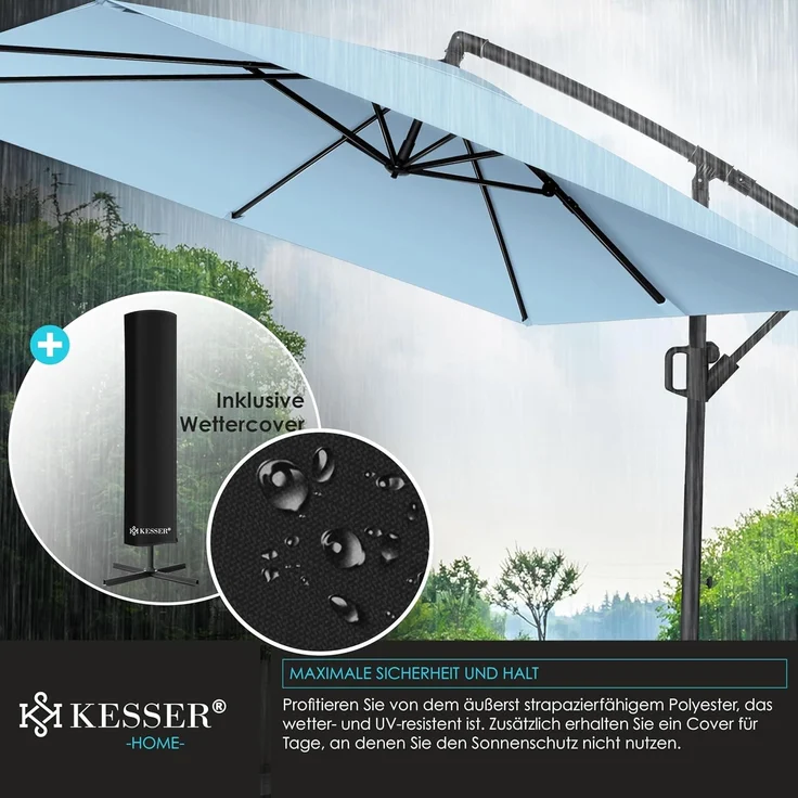KESSER® Ampelschirm Holly Sonnenschirm Rechteckig ohne LED Solar inkl. Abdeckung + Windsicherung mit Kurbel | Kurbel-Schirm mit Ständer UV-Schutz Aluminium Wasserabweisend Ø350cm Gartenschirm Hellblau – Bild 8