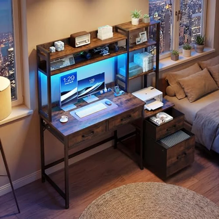 YITAHOME Computer Schreibtisch mit Schubladen, Home Office Ecke Computer Tisch Aufbewahrungen & Regale, Gaming Schreibtisch Arbeitsstationen mit LED Licht & Steckdosen, Eck Schreibtisch, Vintage-Braun – Bild 2