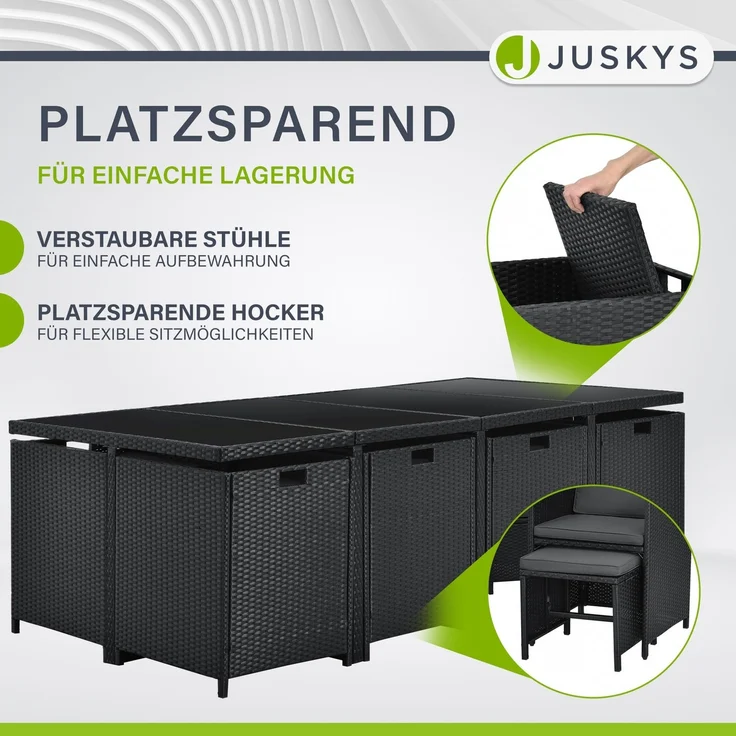 Juskys Polyrattan Sitzgruppe Baracoa XXL 13-teilig wetterfest & stapelbar – Gartenmöbel Set mit 8 Stühle, 4 Hocker & Tisch für Garten & Terrasse – Bild 4