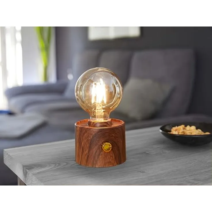 Northpoint Vintage Akku Glühbirne Edison LED Tischlampe, USB-C dimmbar mit Drehschalter, Dekoration walnuss