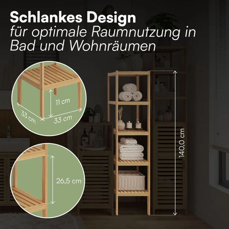 Bellamio 'Newa' Badezimmer Regal, Bambus, natur, 140x33x33 cm, Badregal mit 5 Ablagefächern – Bild 7