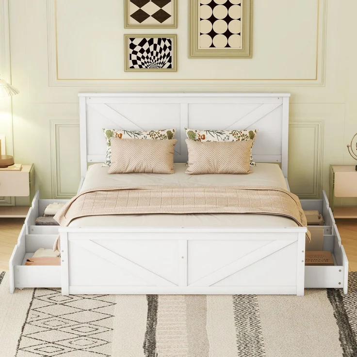 Massivholzbett, 160x200 cm, Doppelbett mit Lattenrost, Kopfteil und 4 Schubladen, Holzbett aus Kiefer – Bild 2