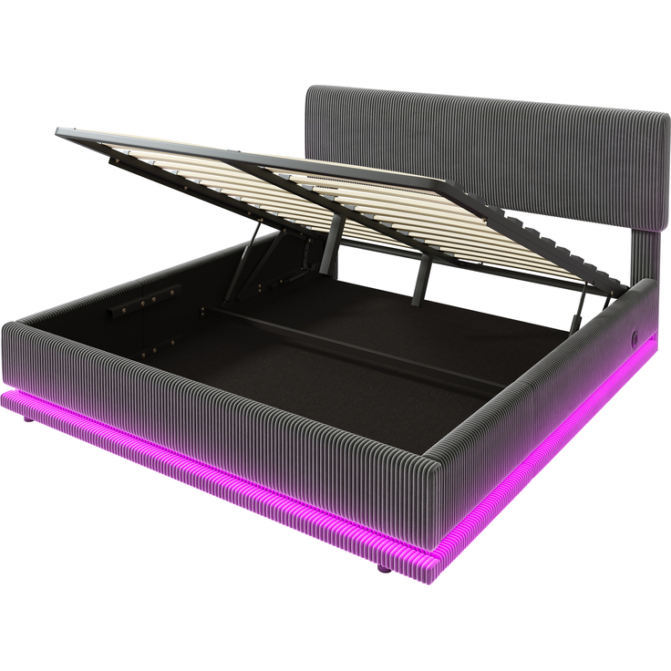 Polsterbett Cord mit LED & USB-Anschluss, 141x207x102-112 cm, Dunkelgrau, ohne Matratze – Bild 10