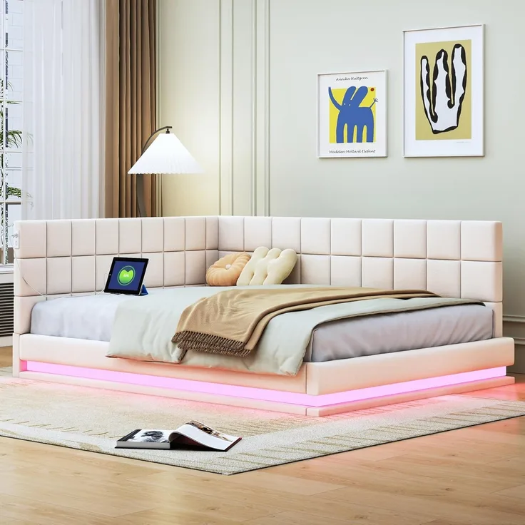 Ball & Cast Polsterbett (140x200 cm) Schlafsofa mit USB-Anschlüssen und Weichen Schutzkanten, Aus Hautsympathischem Stoff Doppelbett, Beige