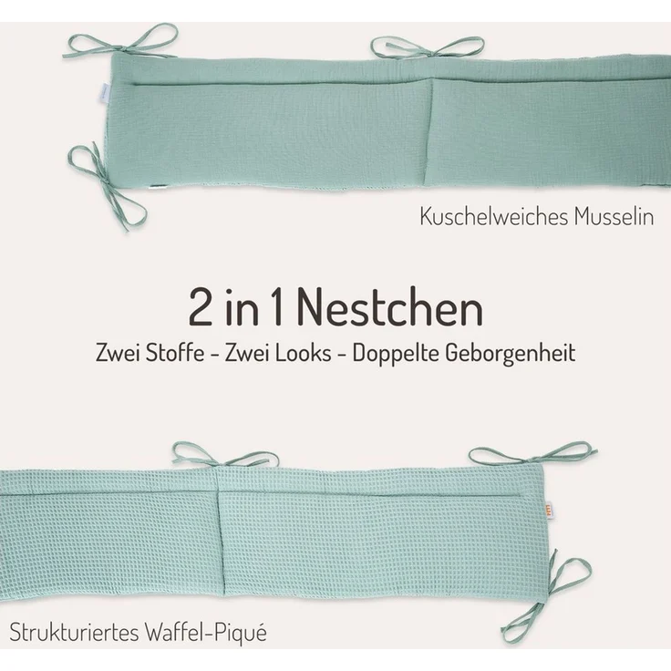 FabiMax Bettnestchen Musselin + Waffel-Piqué 2 in 1 Nestchen für Beistellbett Boxspring, 2in1 Wendedesign, 100% Baumwolle, Made in EU – Bild 2