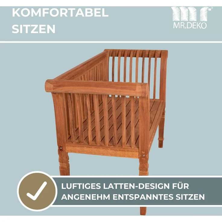 MR. DEKO Gartenbank Newport – Teakholz Bank 120 cm, geschnitzt, mediterran (2-Sitzer Bank, zerlegt geliefert, ideal für Terrasse, 1-St), Massive Sitzbank Garten und Balkon, 250 kg belastbar – Bild 4