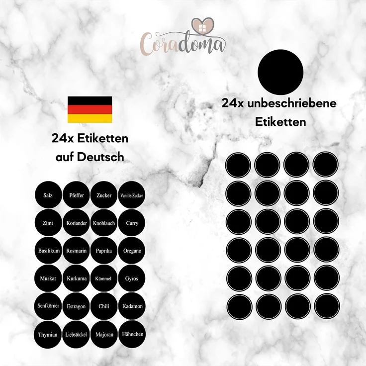 Coradoma Gewürzbehälter Gewürzgläser Set Eckig inkl. Etiketten - Glasbehälter Vorratsdosen, Glas, (24-tlg), mit Reinigungsbürste, Trichter zum Befüllen, Gewürzetiketten – Bild 3