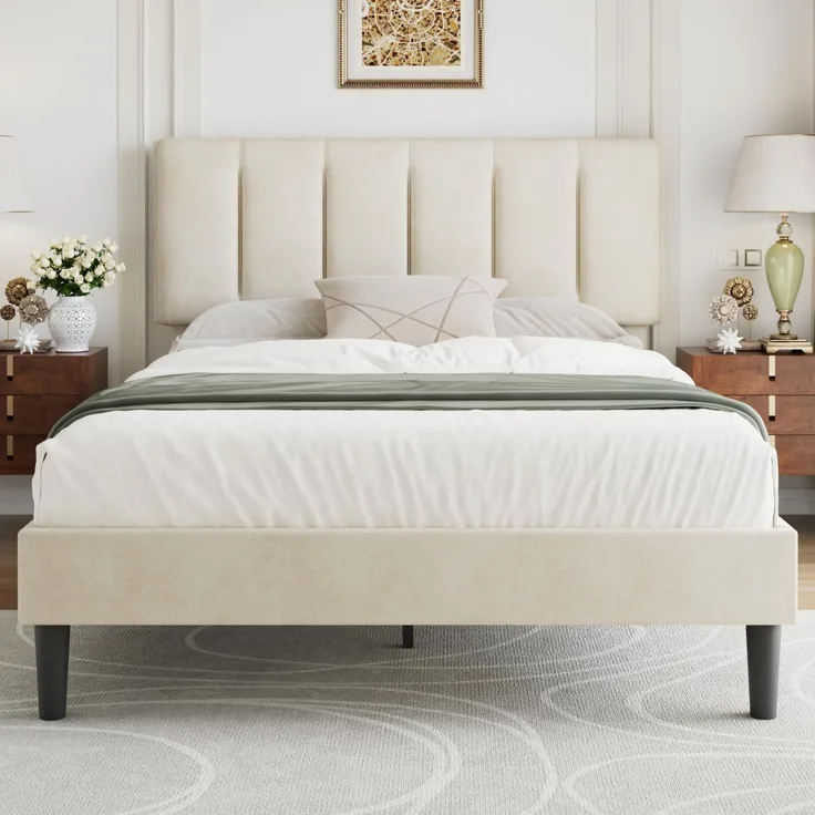 VECELO Polsterbett 140x200 cm, Doppelbett mit höhenverstellbarem Samt-Kopfteil, stabilem Holzlattenrost, geräuscharm, einfache Montage, modernes Bettgestell für Schlafzimmer, Beige