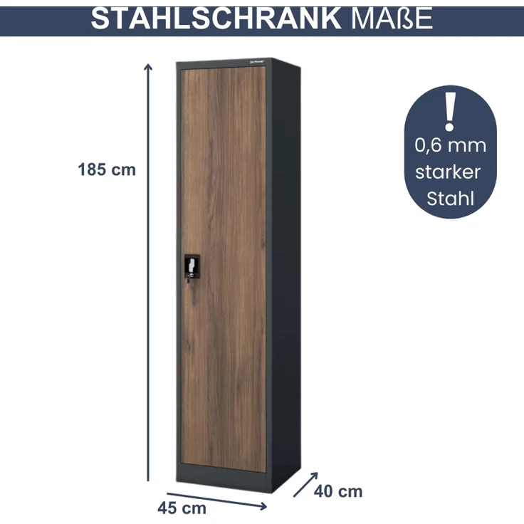 Aktenschrank abschließbar KADO - 5 Ebenen verstellbar, Flügeltüren | Metallschrank Werkstatt Mehrzweckschrank Büroschrank aus Stahl Werkzeugschrank, 185x45x40cm Anthrazit-Nussbaum – Bild 2