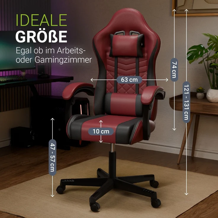 Juskys Gamingstuhl HyperSeat, verstellbare Rückenlehne, höhenverstellbarer Drehstuhl, Kunstleder, ergonomisch, für Büro & Gaming Setup – Bordeaux/schwarz – Bild 5