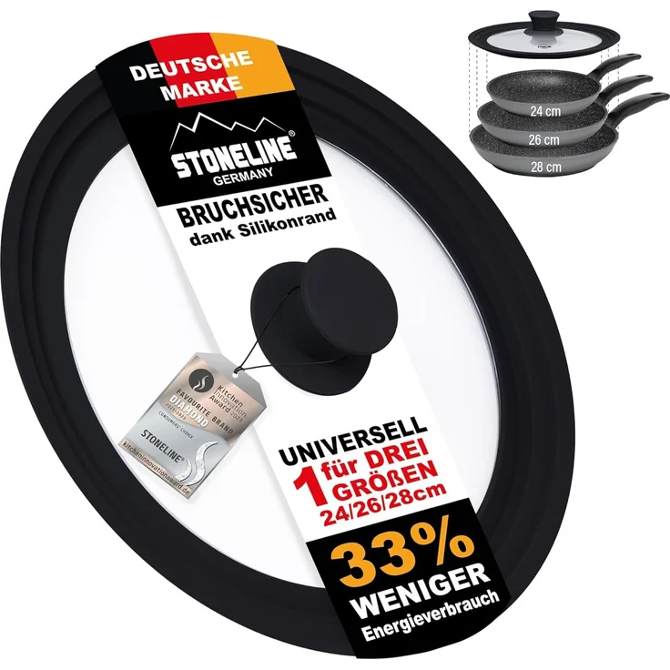 STONELINE Universaldeckel Universal Glasdeckel mit Silikonrand, für 24/26/28 cm, Schwarz, (1-tlg) – Bild 1
