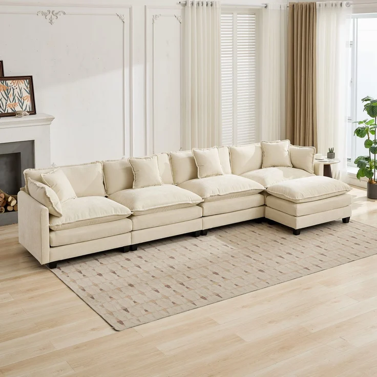 ZUBALIYA Sofa mit LED - Beleuchtung, mit Chenille - Bezug, mit Cordbezug, modular aufgebaut, aus Chenille, Beige – Bild 9