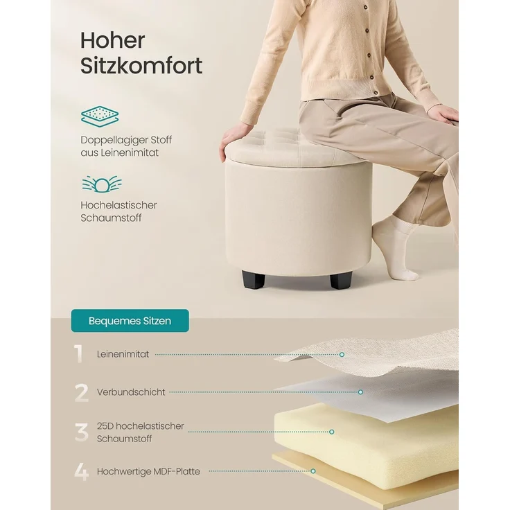 SONGMICS Sitzhocker rund, Fußhocker mit Stauraum, Schminkhocker mit Füßen, 45 x 45 x 44,5 cm, Leinenimitat, bis 150 kg belastbar, für Wohnzimmer Schlafzimmer, hellbeige – Bild 5
