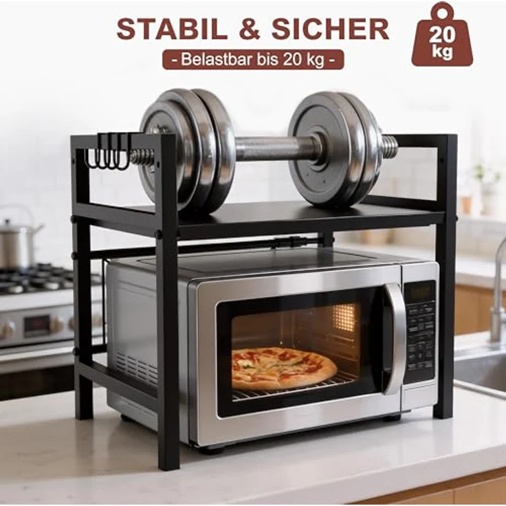 Ribelli Erweiterbares Mikrowellenregal 2 Stufig, Küchenregal Stehend Stahl, Mikrowellen Regal mit 3 Haken, Mikrowellenständer für Arbeitsplatte, Vorratsregal Bäckerregal, Schwarz – Bild 6