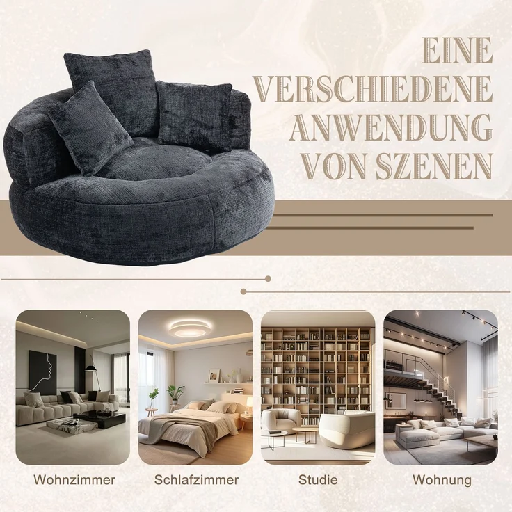 LVHOM XXL Sitzsack Chenille mit 3 Kissen, Lazy Sofa Kuschelig & Atmungsaktiv, Memory Foam Split, 108x108x52cm – Bild 5