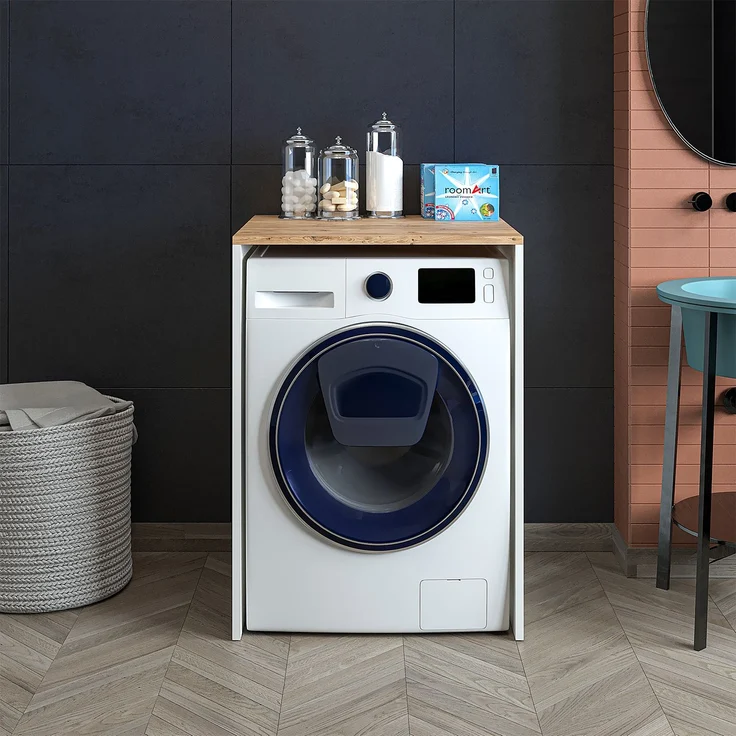 Roomart Badezimmer Waschmaschinenschrank - SERIE ATLANTIC-IV- 65 cm breit, Badezimmerschrank für Waschmaschine – 65 × 90 × 60 cm – Weiß-Eiche oder Anthrazit-Eiche – platzsparend & modern • Weiß-Eiche – Bild 2