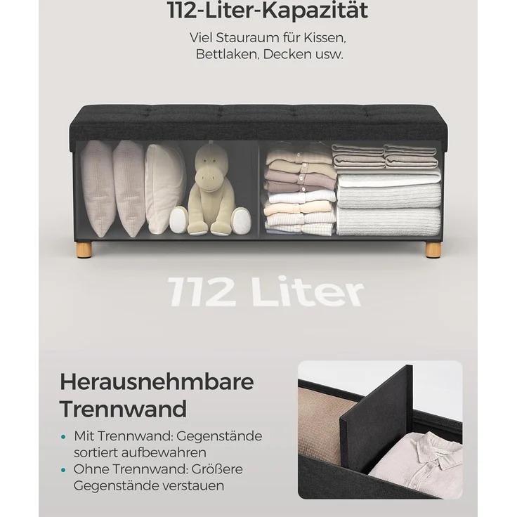Songmics Sitzbank mit Stauraum, Schuhbank, klappbare Sitztruhe, Aufbewahrungsbox, Fußbank, 38 x 110 x 40 cm, für Wohnzimmer, Schlafzimmer, tintenschwarz LSF018B11 – Bild 5