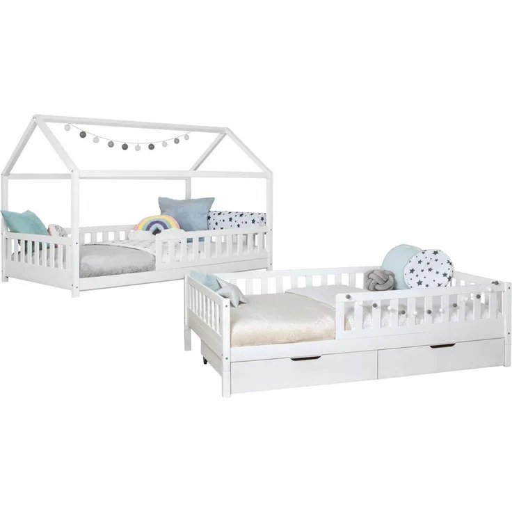 Ticaa Hausbett Duo mit Rausfallschutz und Schubkasten aus Kiefer, Bodenbett 90x200, inkl. abnehmbarem Dach, mit Rollrost