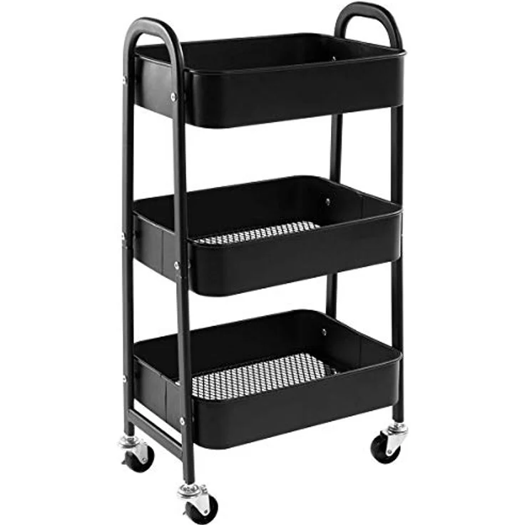 DOEWORKS Rollwagen Metall Aufbewahrungswagen Küchenwagen 3-Etagen, Servierwagen Organizer Wagen mit Rädern für Wohnzimmer Schlafzimmer Make-up Badezimmer Büro, Schwarz – Bild 2