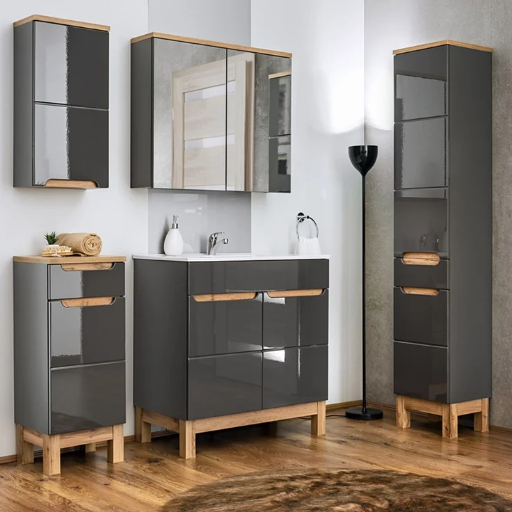 Badezimmer Hochschrank SOLNA-56 inkl. Standfüßen, Hochglanz grau, B x H x T ca. 35 x 187 x 33cm – Bild 8