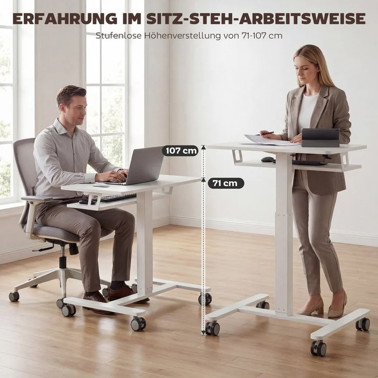 HOMCOM Schreibtisch Höhenverstellbar Computertisch mit Rollen (Mobiler Beistelltisch, 1-St, Laptoptisch), für Sofa, Bett, Büro 65x60 cm, Weiß – Bild 3