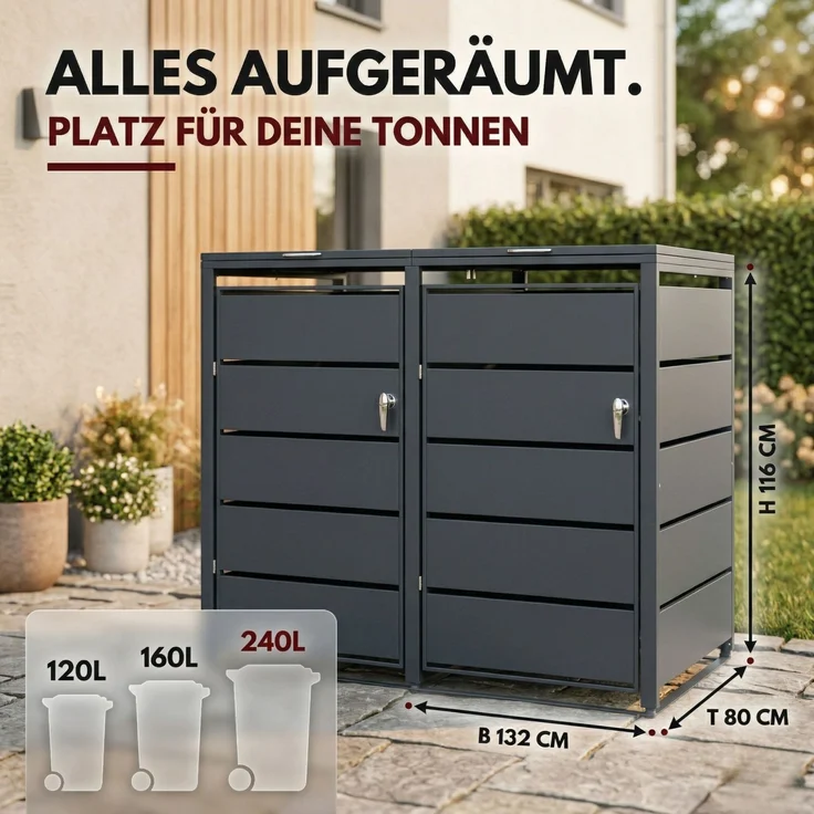 Albatros Mülltonnenbox 2er Tonne | bis 240 Liter | Anthrazitgrau RAL 7016 | verzinkter Stahl | Premium Dämpfer| Aufkleber-Set | wetterfest| verstellbare Füße| Türgriff mit Schloss | Gartenbox | entwickelt in Deutschland – Bild 5