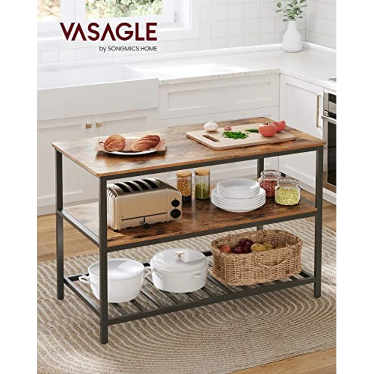 Vasagle Küchenregal mit großer Arbeitsplatte, 3-stufiges Gewürzregal, Stahlrahmen, 60 x 120 x 90 cm, industriell, leichte Montage, Vintagebraun-schwarz – Bild 3