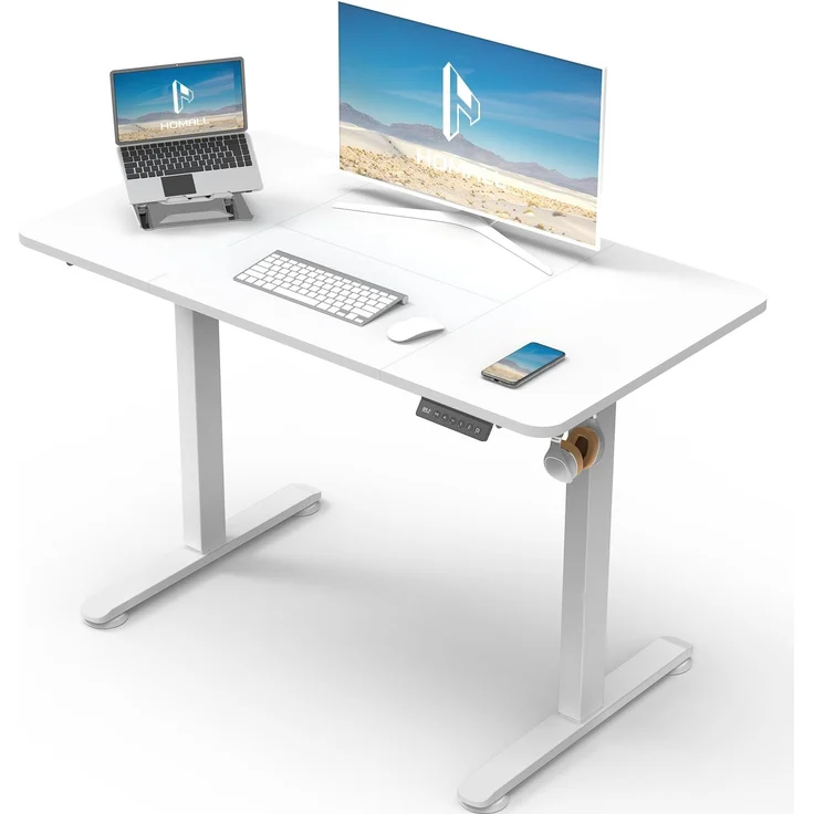 Homall Höhenverstellbarer Schreibtisch 100x60cm mit USB-Anschluss,Weiß | Höhe verstellbar 73-118 cm, Memory-Funktion mit 2 Höhen,1 Haken, Bürotisch
