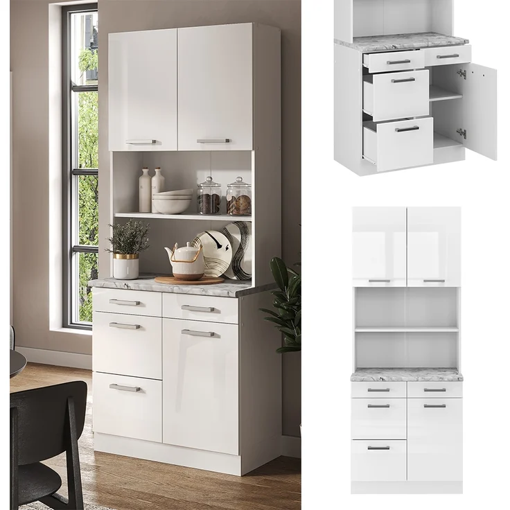 Buffetschrank R-Line Weiß Hochglanz 80 cm , AP Marmor Vicco – Bild 2