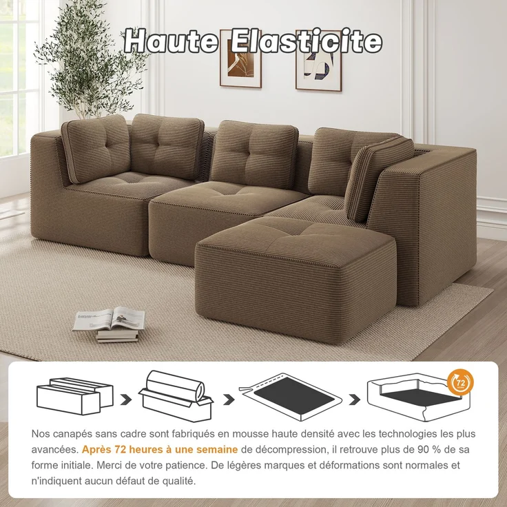 U-förmiges Sofa mit 1 Fußhocker mit Cordbezug und beweglicher Fußauflage, rahmenfreie Lounge-Couch mit breiten Armlehnen ohne Montage, Braun – Bild 6