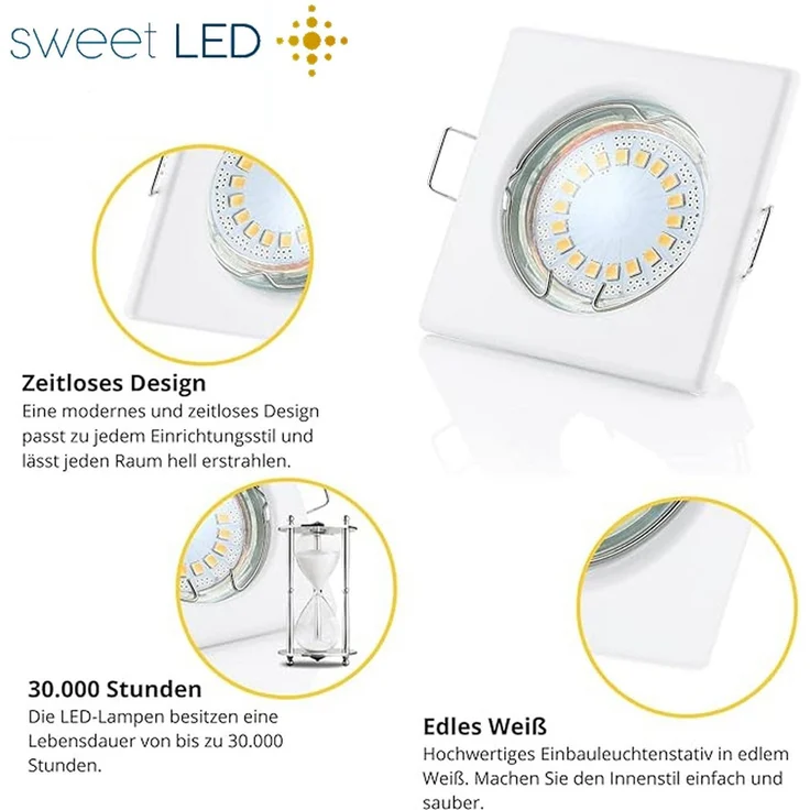 Sweet LED LED Einbaustrahler 10er Set GU10 5W Deckenspots eckig weiß-matt 230V, LED fest integriert, 3000K-Warmweiß, Deckenspots, Deckenstrahler, Einbauleuchten – Bild 2