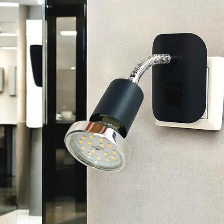TRANGO LED Nachtlicht, 11-055 LED Steckerleuchte im Anthrazit-Schwarz mit Deko-Chrom Ring, Steckerlicht, Nachtlicht inkl. je 1x GU10 3000K warmweiß LED Leuchtmittel & ON/OFF Schalter, Leselampe, Wandlampe, Küchenlampe – Bild 4
