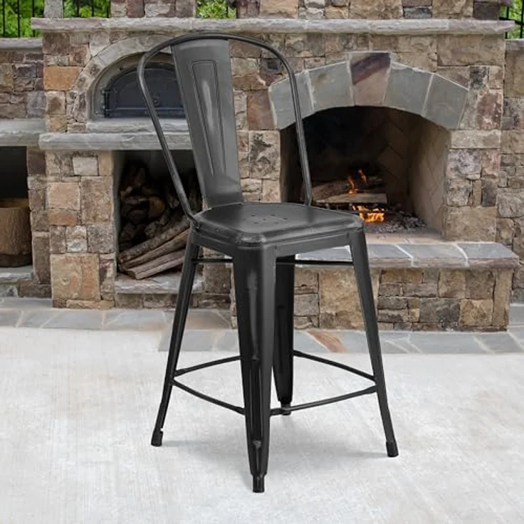 Flash Furniture Blake Commercial Grade 4 Stück 61 cm hoher Hocker aus schwarzem Metall für drinnen und draußen mit Rückenlehne – Bild 3