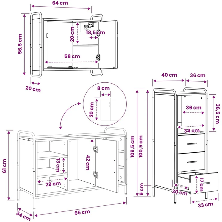 vidaXL Badezimmerschrank-Set 3 stk. Sonoma-Eiche 40 x 36 x 109,5 cm 3444538 – Bild 12