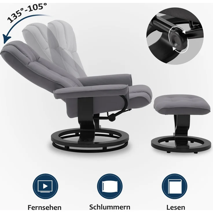M MCombo Relaxsessel mit Hocker, 360°drehbarer Fernsehsessel mit Liegefunktion, bis 120 Kg belastbarer TV-Sessel, moderner Ruhesessel für Wohnzimmer, Kunstleder, 9019 (Grau-Mikrofaser) – Bild 4