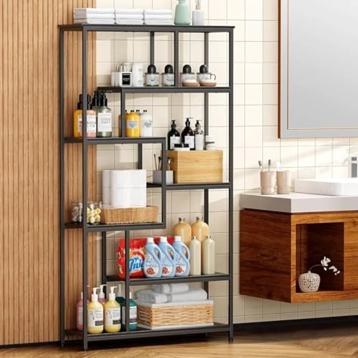 Bealife Offene Bücherregale Bodenstehende Bücherregale Regal Stahlrahmen, Küchenregal Aufbewahrungsmöbel schwarzes Wohnzimmermit 5 Ablagen Aufbewahrungsschrank – Bild 6