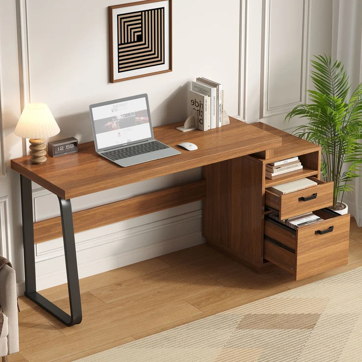 Flieks Schreibtisch 161 x 54 x 76.4 cm mit offenem Ablagefach, geräuscharmer Schublade und Stahlgestell, Walnussfarben – Bild 2