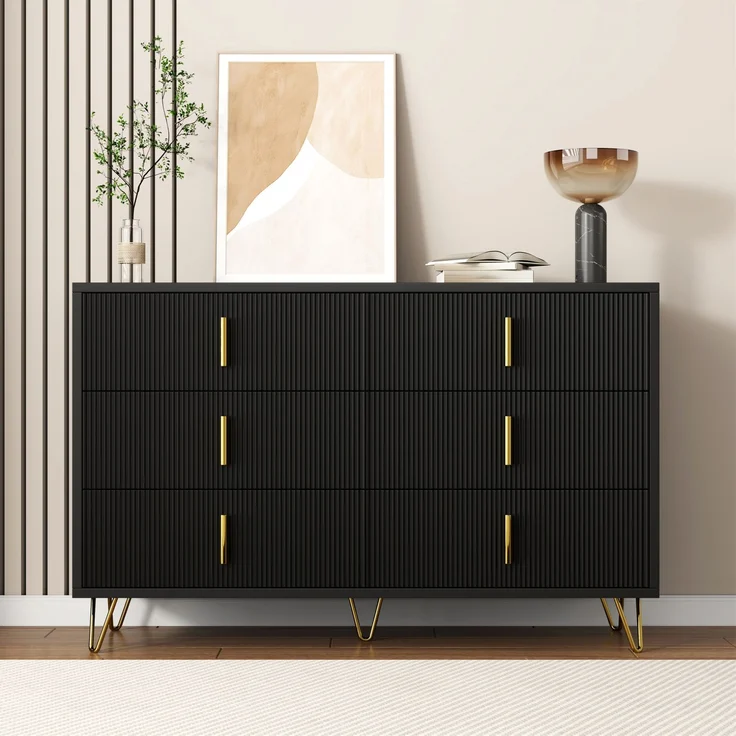 DESVIAE Sideboard mit 6 Schubladen, 120x77x40 cm, Spanplatte, Schwarz und Gold – Bild 4
