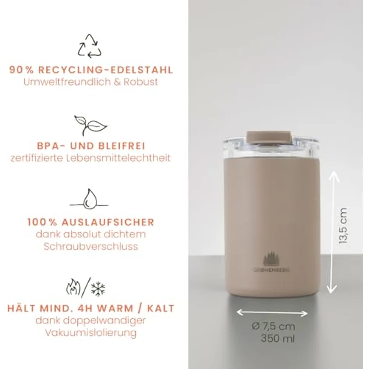 Groenenberg Thermobecher Earth, 350 ml | Kaffeebecher to go 100% Auslaufsicher | Hält mind. 4 h warm | Coffee to go Becher aus recyceltem Edelstahl – Bild 2