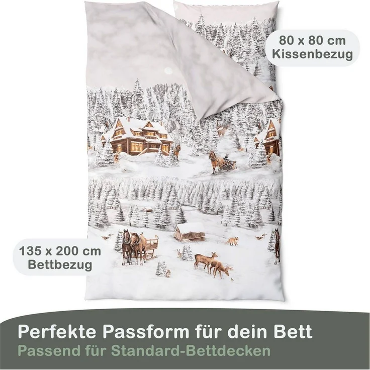 LINKHOFF Bettwäsche Biber Bettwäsche 135x200 + 80x80 cm 2tlg. – Wintermotiv Schneeweiß, 100% Baumwolle – Weihnachtsbettwäsche Feinbiber mit Reißverschluss – Bild 2