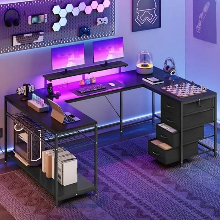YITAHOME Gaming Tisch mit Steckdosen & LED-Lichter, Computer Schreibtisch mit Schubladen & Stauraum, Reversibler Eckschreibtisch mit Regalen, Computertisch für Home Office, 158 x 100 cm, Schwarz – Bild 2