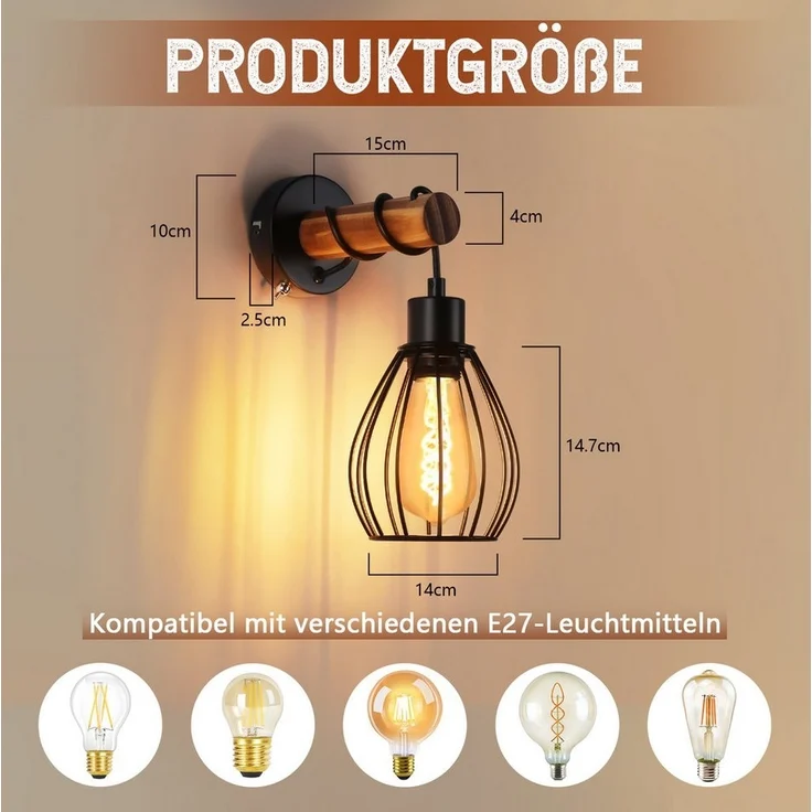 Nettlife Wandleuchte Holz Innen Wandlampe Vintage mit Schalter, mit Schalter, LED wechselbar, für Schlafzimmer Wohnzimmer Flur ein wunderbares Weihnachtsgeschenk – Bild 2