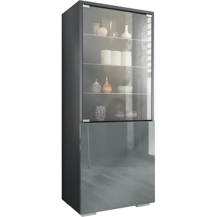 Vladon Standvitrine Granada (Vitrinenschrank, mit Glastür und Glaseinsatz) Anthrazit matt/Grau Hochglanz (50 x 122,5 x 34,5 cm) – Bild 1