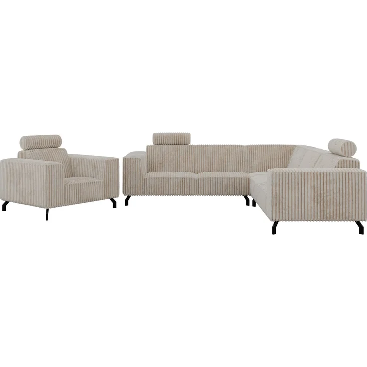 Möbelset 2-teilig, Ecksofa mit Sessel VESANO, Wohnlandschaft, Ecksofa L-Form mit Sessel, HR-Schaum & Wellenfederung, Set mit verstellbaren Kopfstützen - Beige Cord – Bild 9