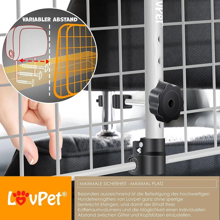 LovPet® Hundegitter Auto, Autoschutzgitter Trenngitter Universal, verstellbare Breite, Kopfstütze Kofferraum Autogitter Maße HxB 30 x 91-153 cm Kofferraumgitter,+ 2x Sicherheitsgurt für Hunde Grau – Bild 8