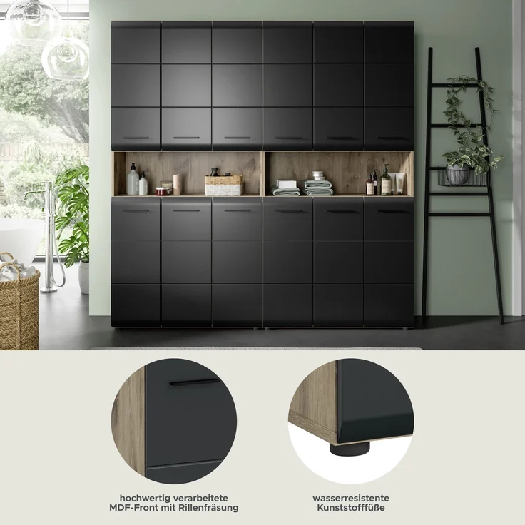Badkombination (B/H/T: 180x185x30 cm) in schwarz matt und Nox Oak Nachbildung – Bild 13