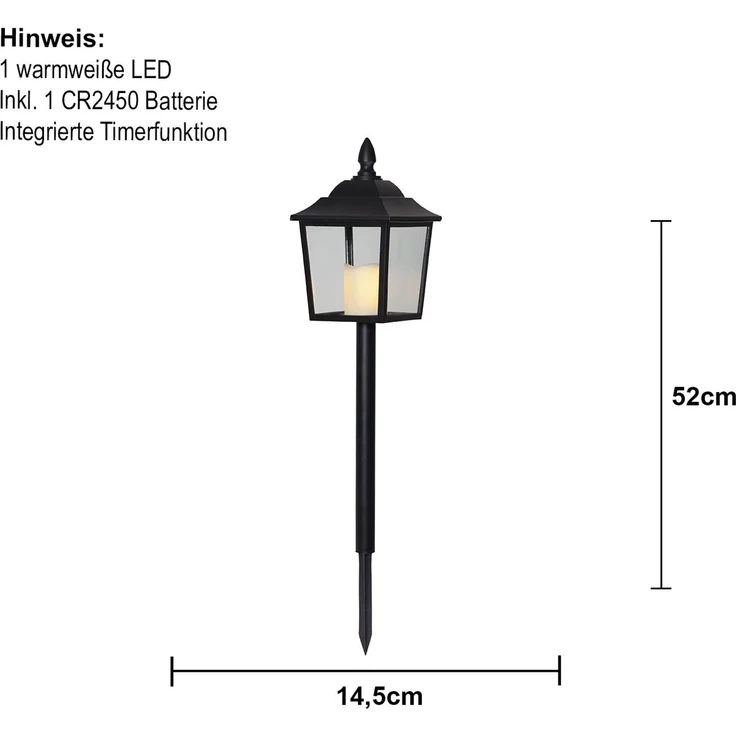 Grablaterne ,Flame Lantern mit LED-Kerze, Batterie und Timer, schwarz, 52cm – Bild 4